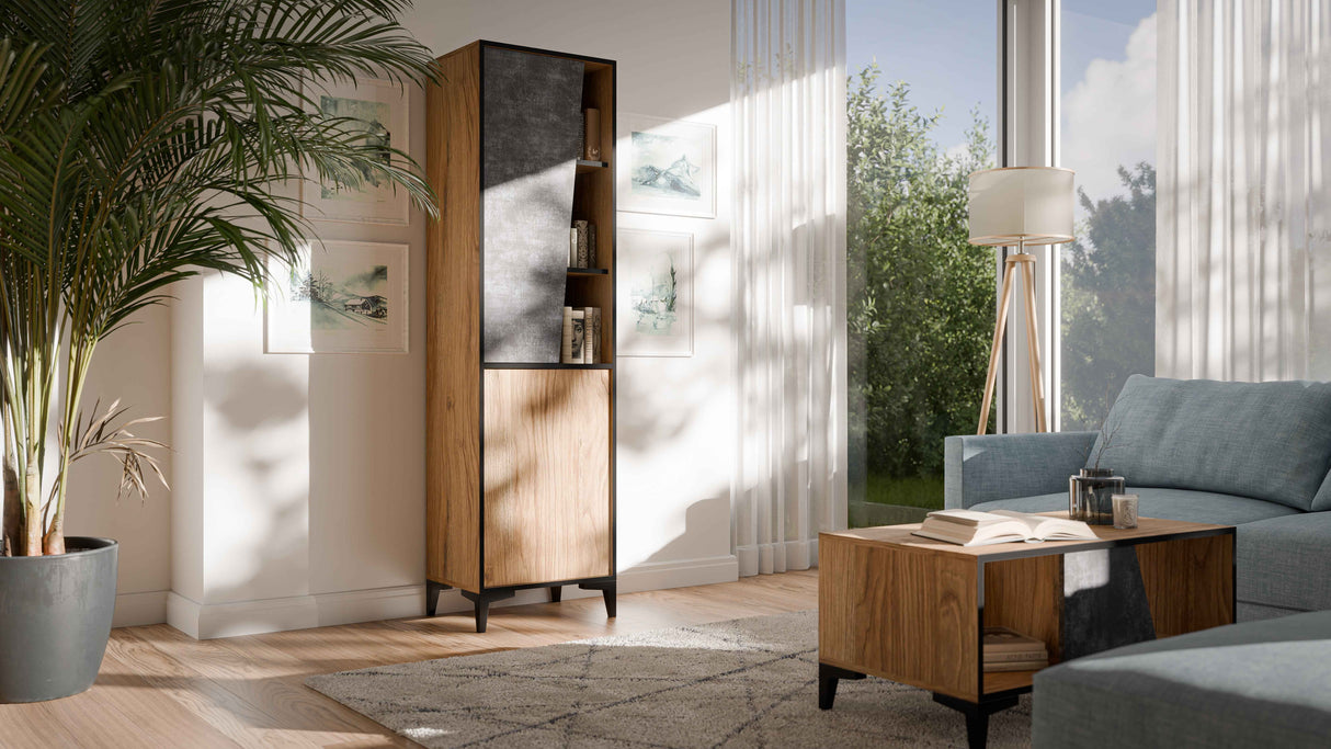 Vitrine Regal CAN 50×182.5×38cm – Beton Grau & uralte Eiche