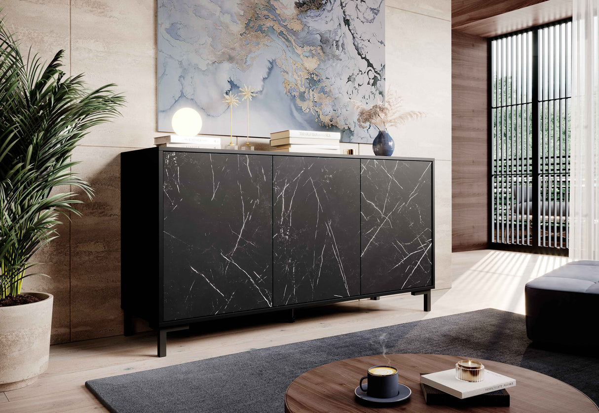 Carrara Sideboard, Marmor Design 200x80cm, Weiss matt