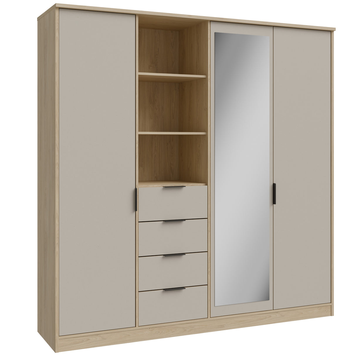 Sandora Kleiderschrank Beige 3-Tür mit Schubladen &Spiegel,207×213 cm