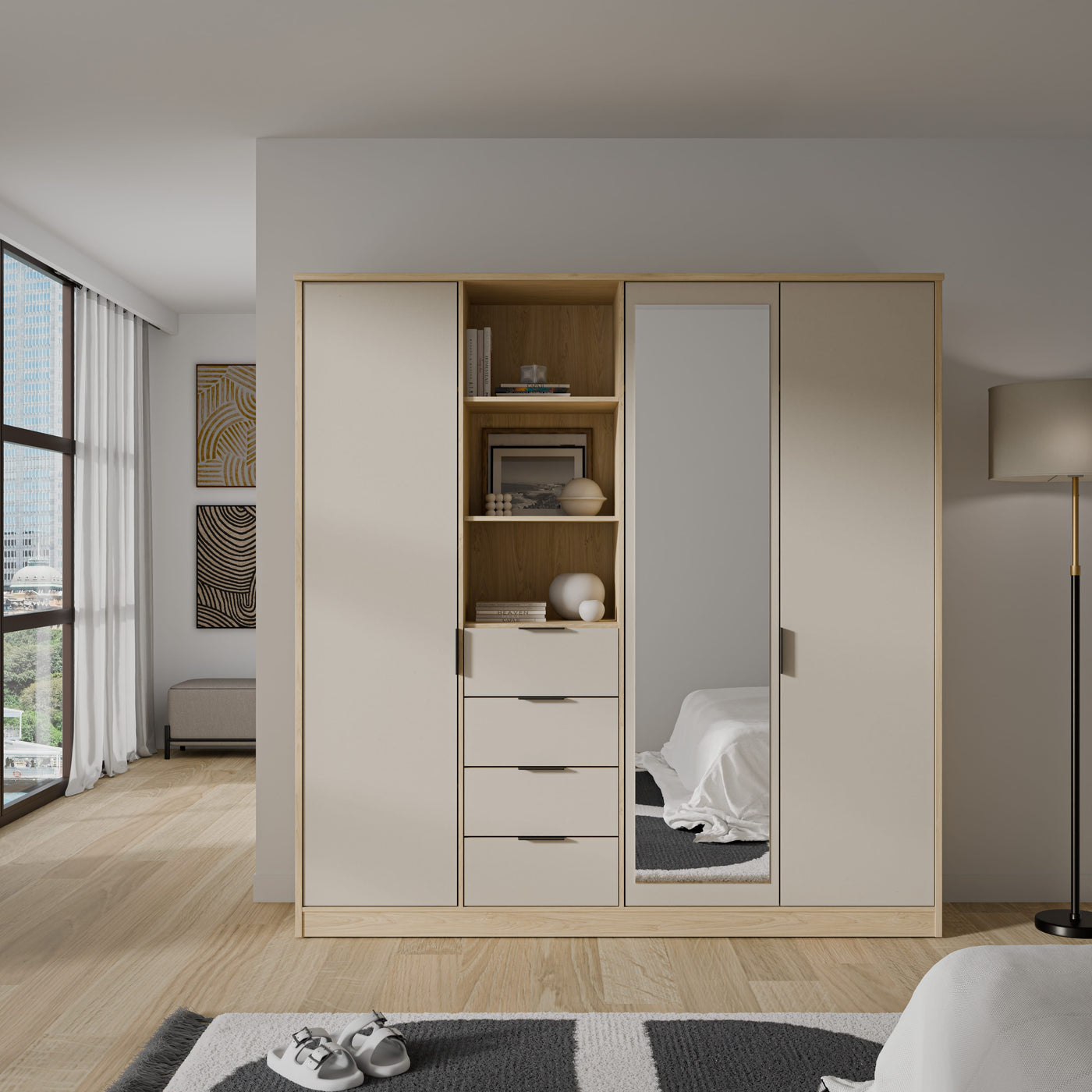Sandora Kleiderschrank Beige 3-Tür mit Schubladen &Spiegel,207×213 cm - Prime Möbel