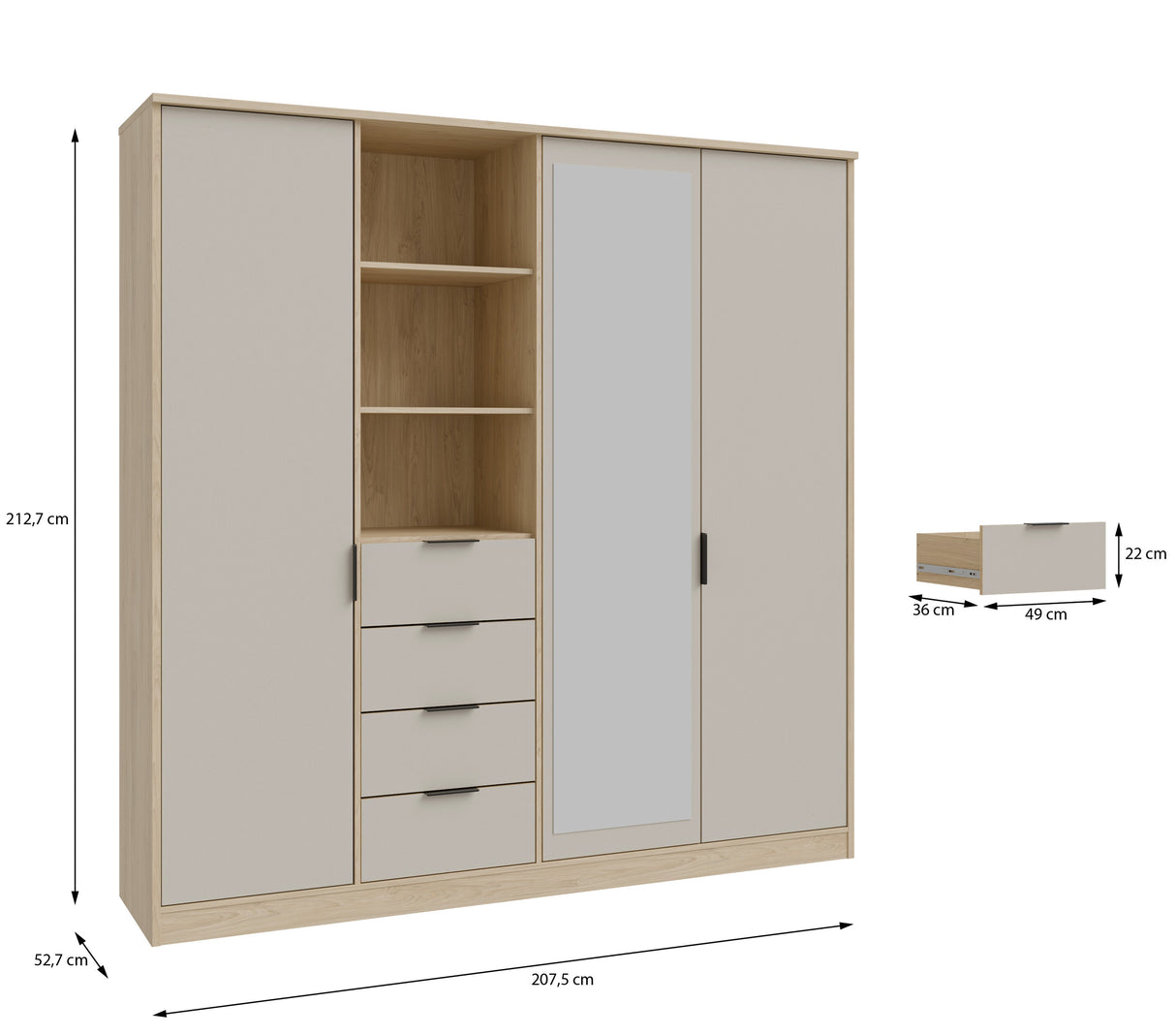 Sandora Kleiderschrank Beige 3-Tür mit Schubladen &Spiegel,207×213 cm