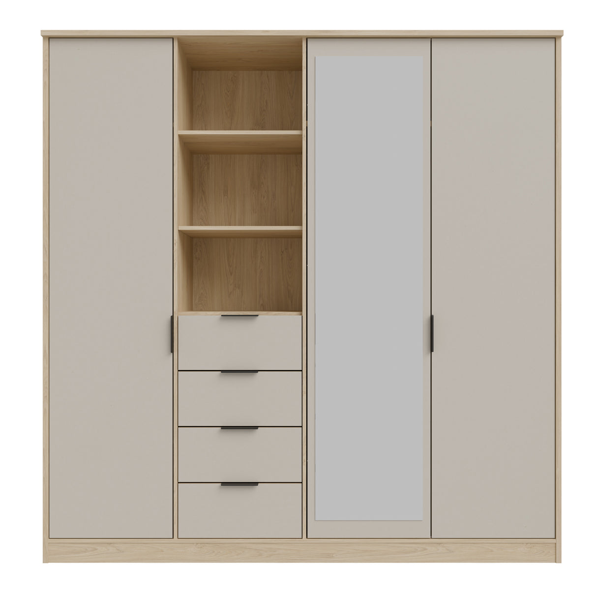 Sandora Kleiderschrank Beige 3-Tür mit Schubladen &Spiegel,207×213 cm