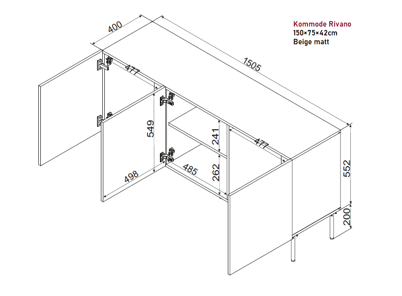 Kommode Rivano 150×75×42cm – Schwarz matt