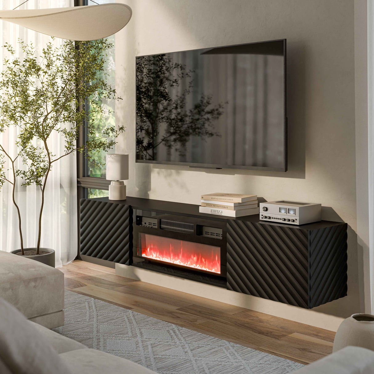 Lario TV-Möbel schwarz + elektrischer Kamin weiss 185x40 cm