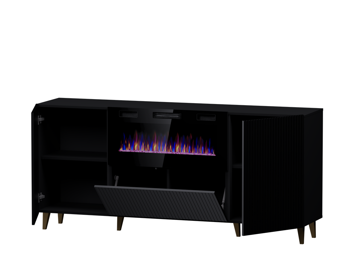 PALMOS Kommode mit Elektro Kamin- Mattschwarz 180x82x42cm