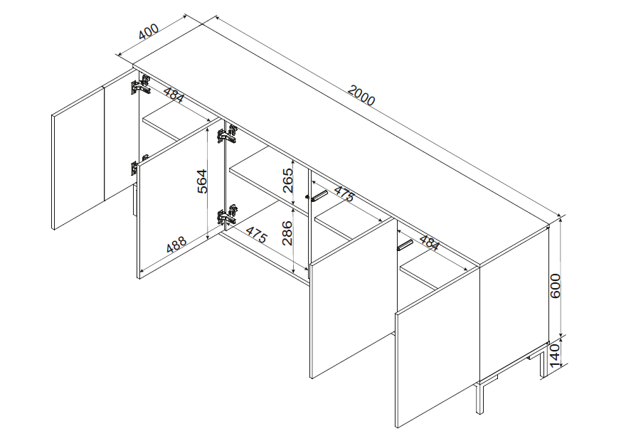 Sideboard ROVERE 200×74×40 cm – Schwarz matt & Eiche Artisan