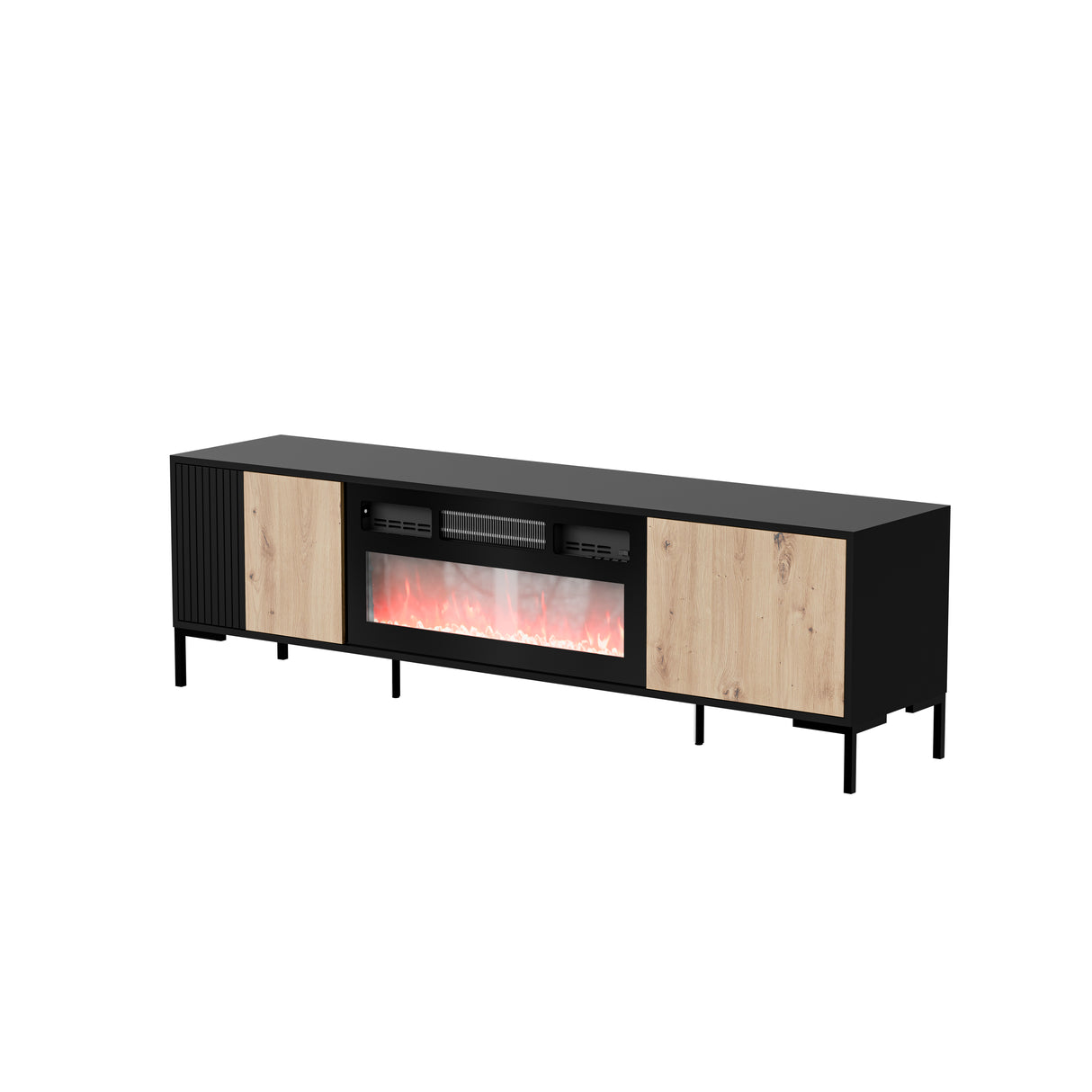 TV- Möbel & Kamin ROVERE 180×53.5×40cm – Schwarz matt & Eiche