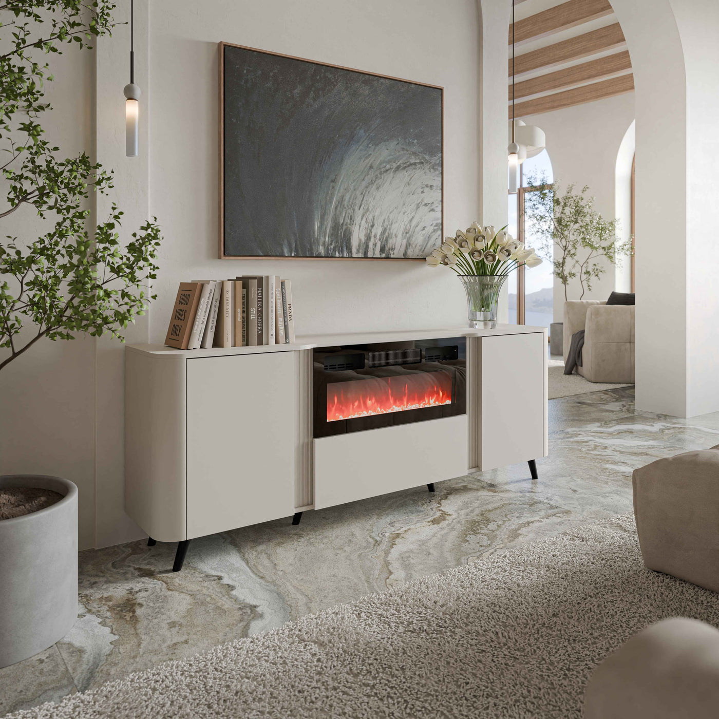 Vektor Sideboard 200cm+ Kamin, Schwarz