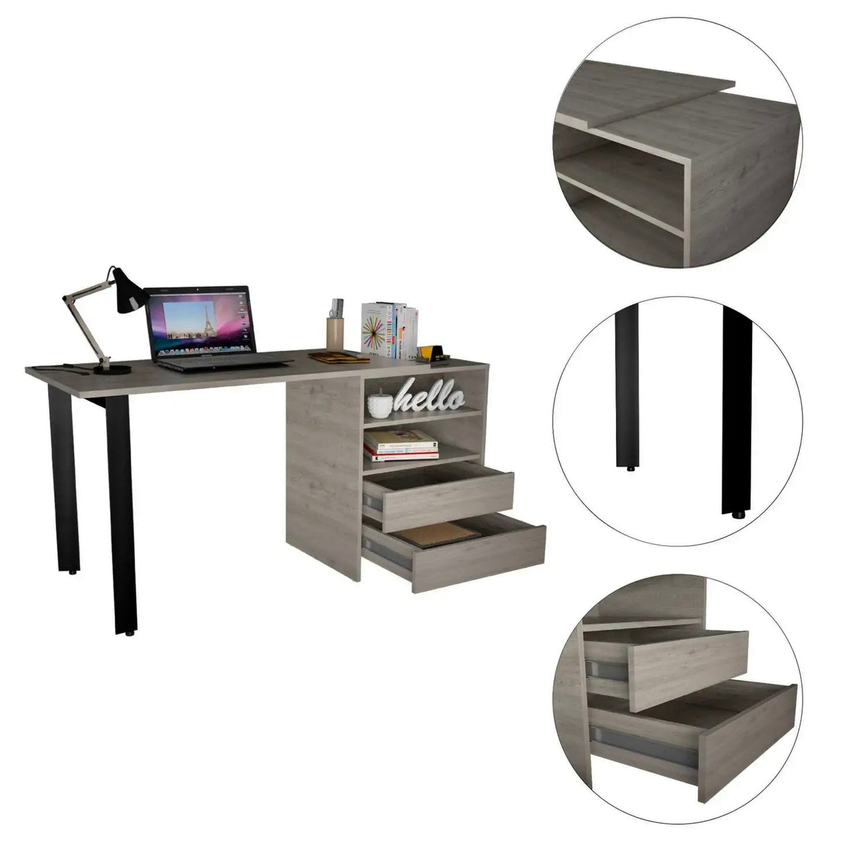 Austral 120 Schreibtisch, 2 Beine, 2 Schubladen, Grau - Prime Möbel