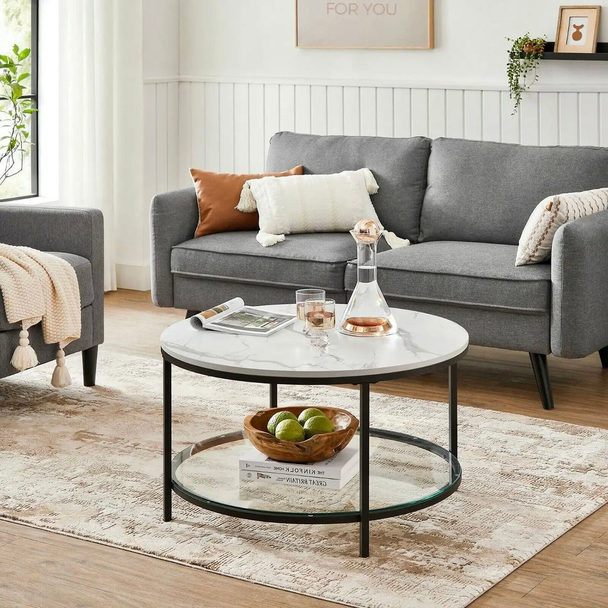 Prime Couchtisch – Rund, Marmoroptik und Klarglas/Schwarz - Prime Möbel