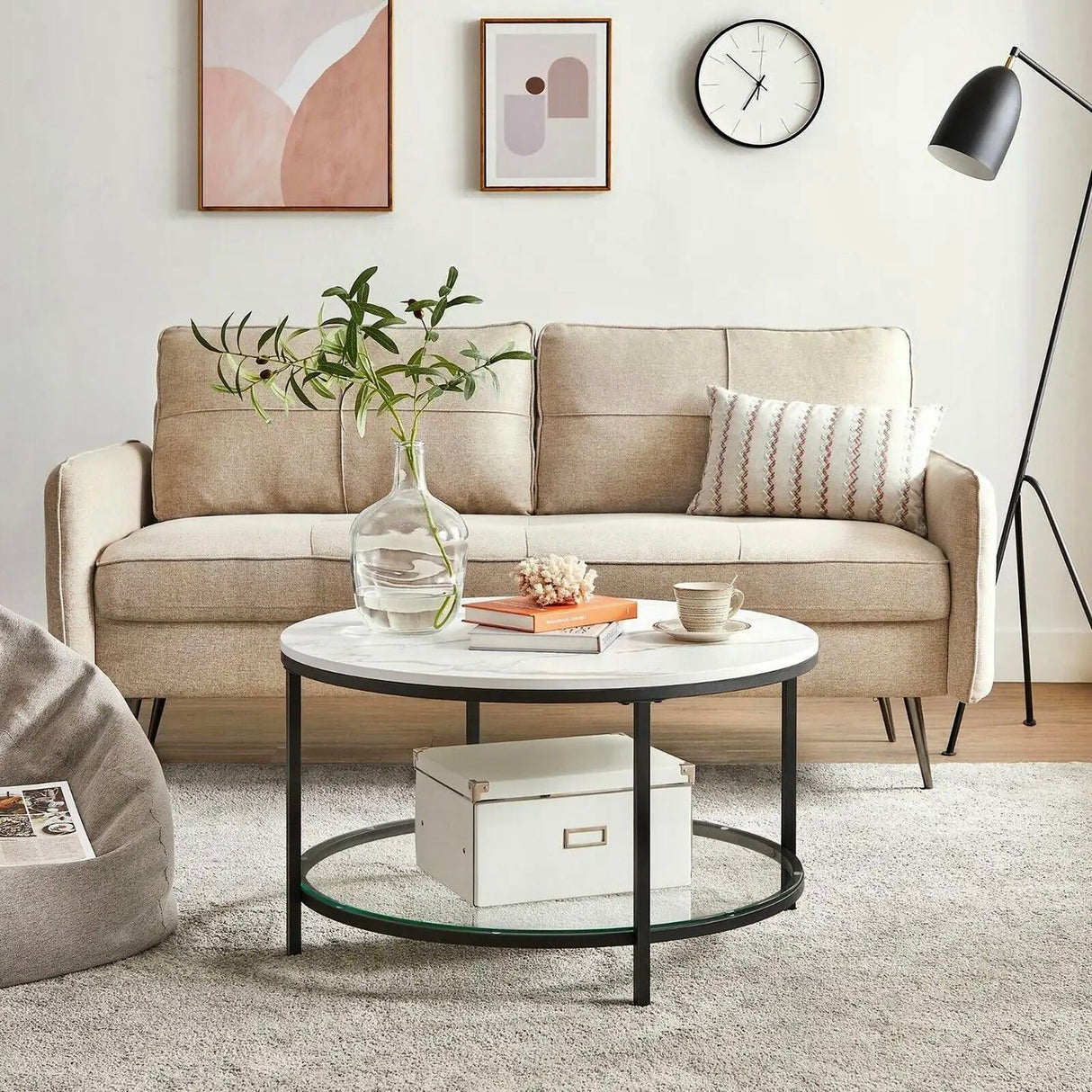 Prime Couchtisch – Rund, Marmoroptik und Klarglas/Schwarz - Prime Möbel