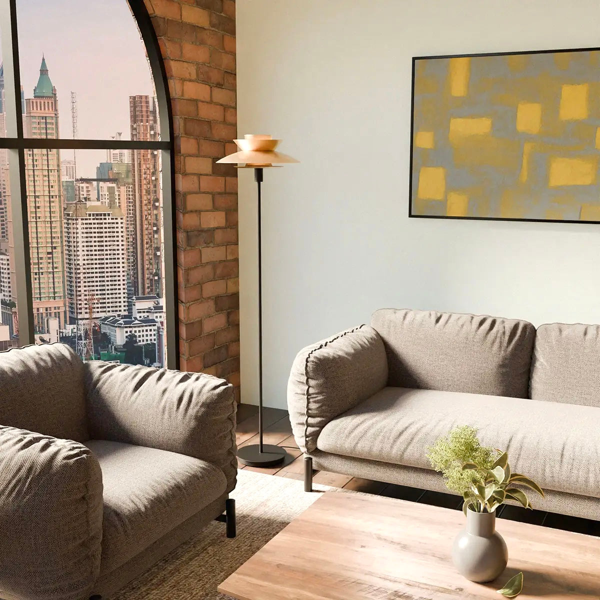 Stehleuchte Dina, schwarzer Fuß, goldener Schirm. - Prime Möbel