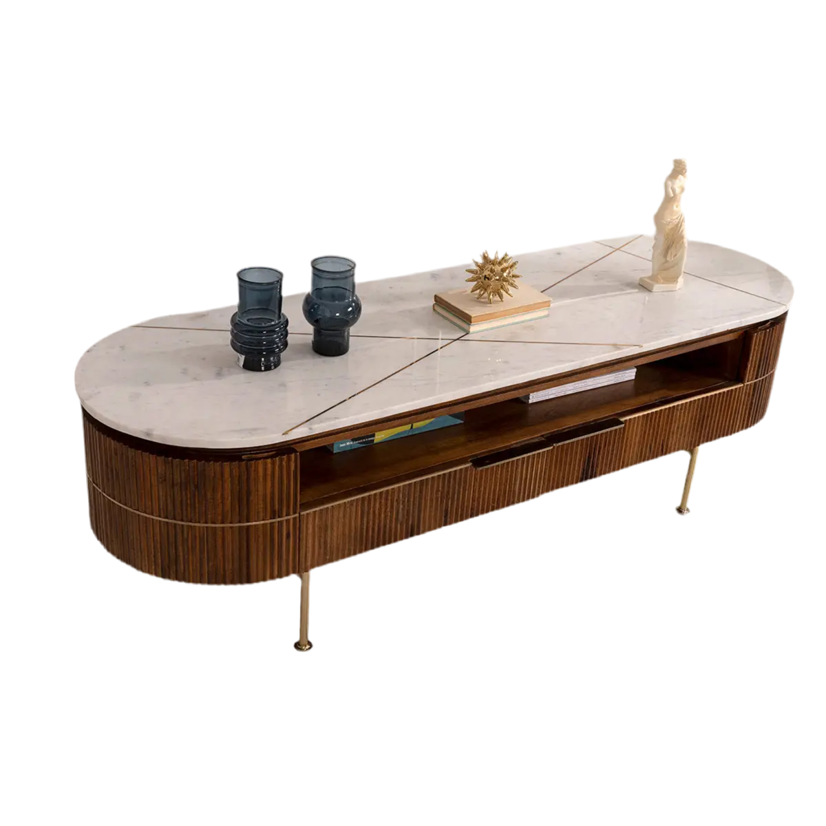 TV-Möbel SAINT aus Naturholz und weiße Marmorplatte 160X50X54 - Prime Möbel