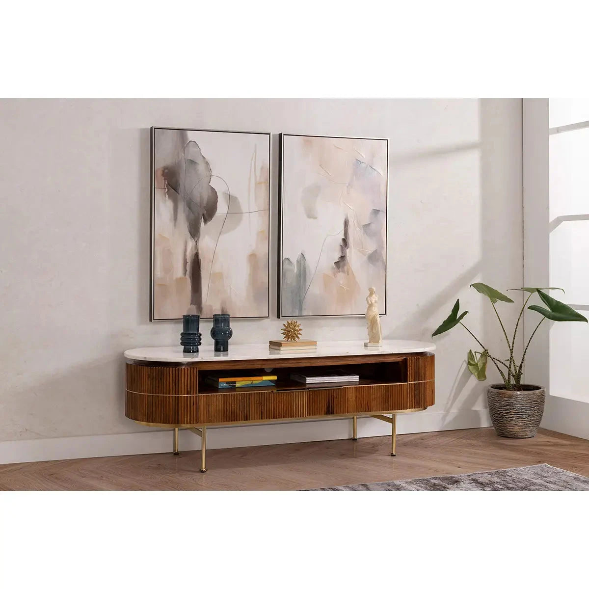 TV-Möbel SAINT aus Naturholz und weiße Marmorplatte 160X50X54 - Prime Möbel