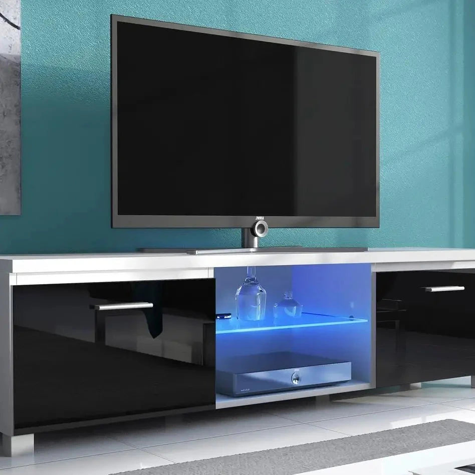 TV-Möbel weiß/schwarz glänzend lackiert.150x40x42 - Prime Möbel