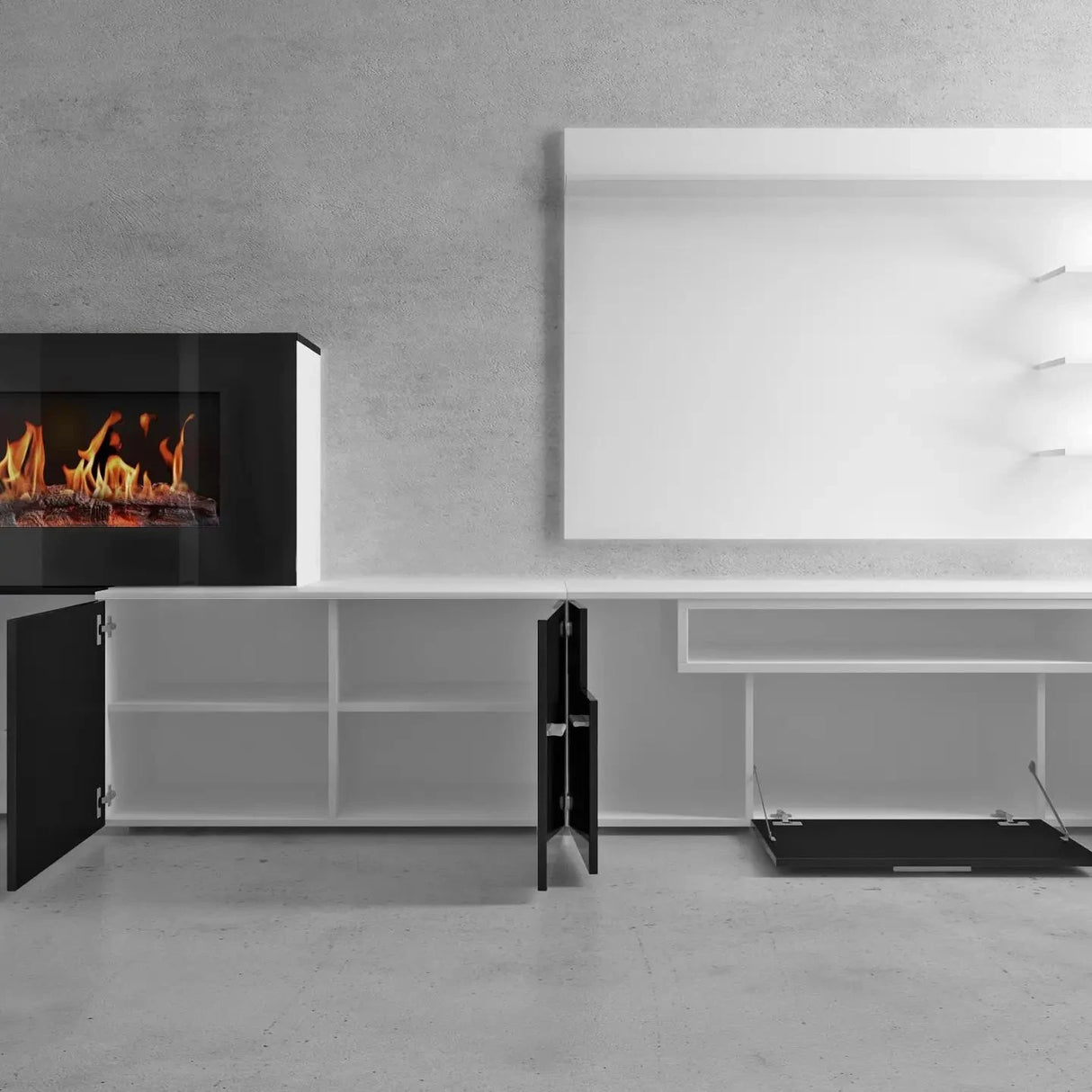 Wohnzimmermöbel mit elktr.Kamin mattweiß und glänzend weiß lack - Prime Möbel