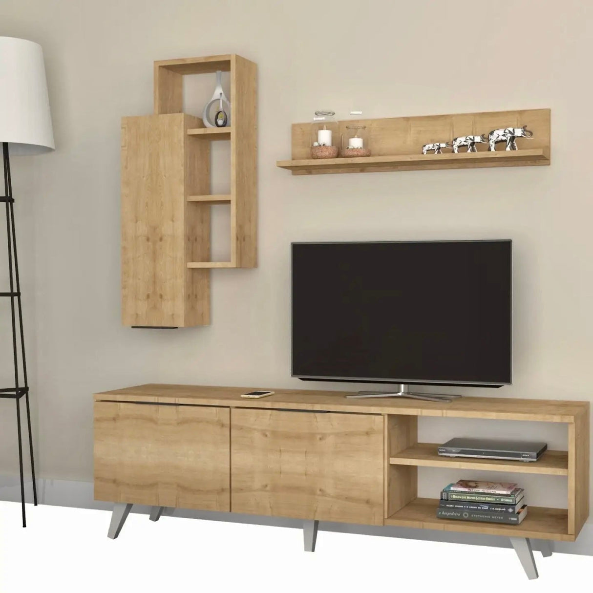 Zen TV-Einheit und Wandregale Eiche/Braun, - Prime Möbel