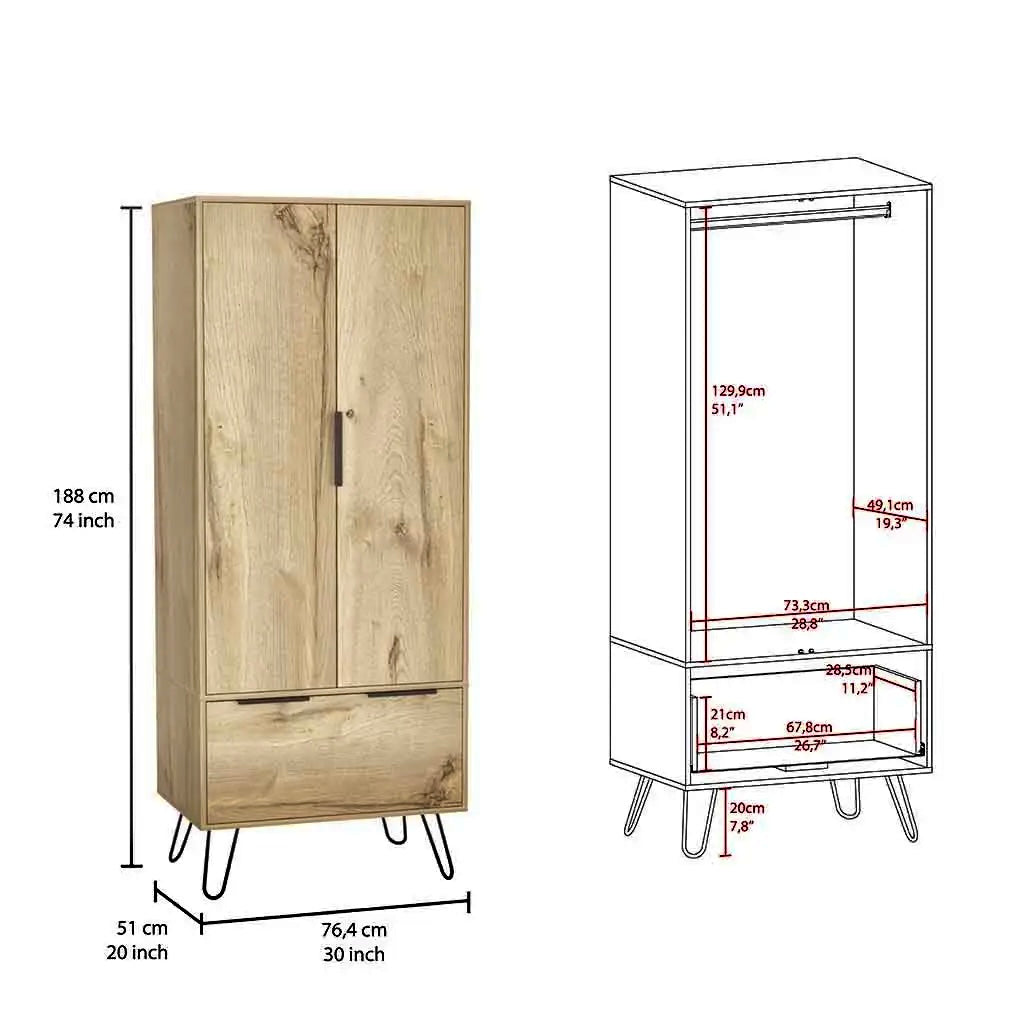 Augusta-Schrank, mit 1 Schublade und Gabelbeinen - Prime Möbel