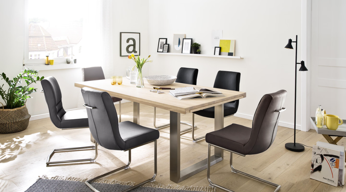 Daytona Auszieh-Esstisch Eiche Bianco massiv,Edelstahl Prime Möbel