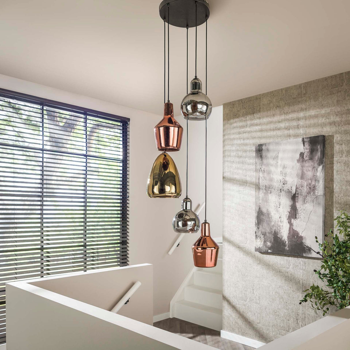 Nicole Hängelampe mit 5 Schirmen in Kupfer, Chrom und Gold Prime Möbel