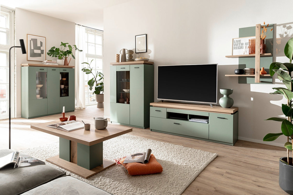 Moniz Highboard LED Salbei Grün&Eiche 138x144cm Prime Möbel