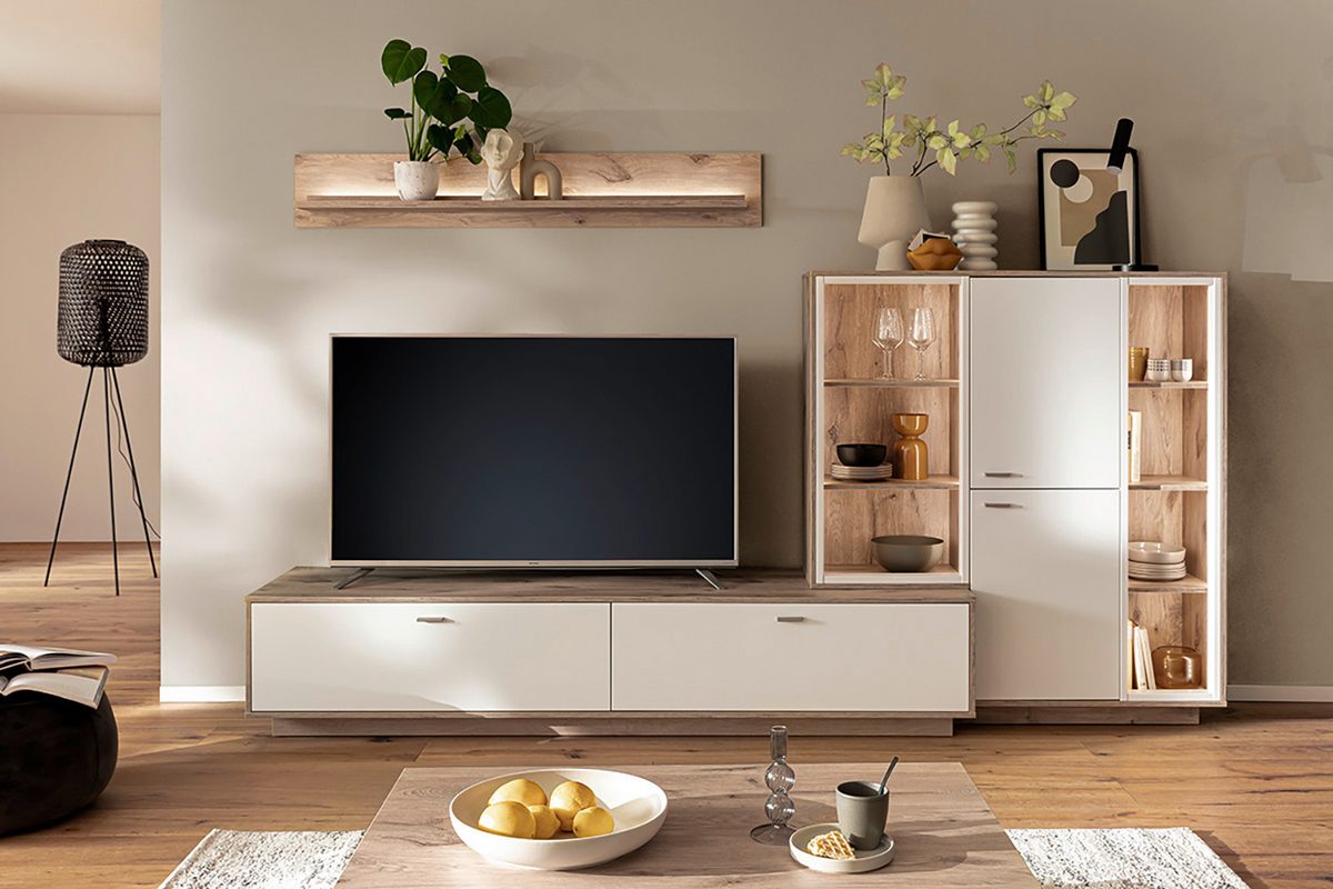 Santerno Highboard LED Weiss/Viking Oak 124x140 cm Prime Möbel