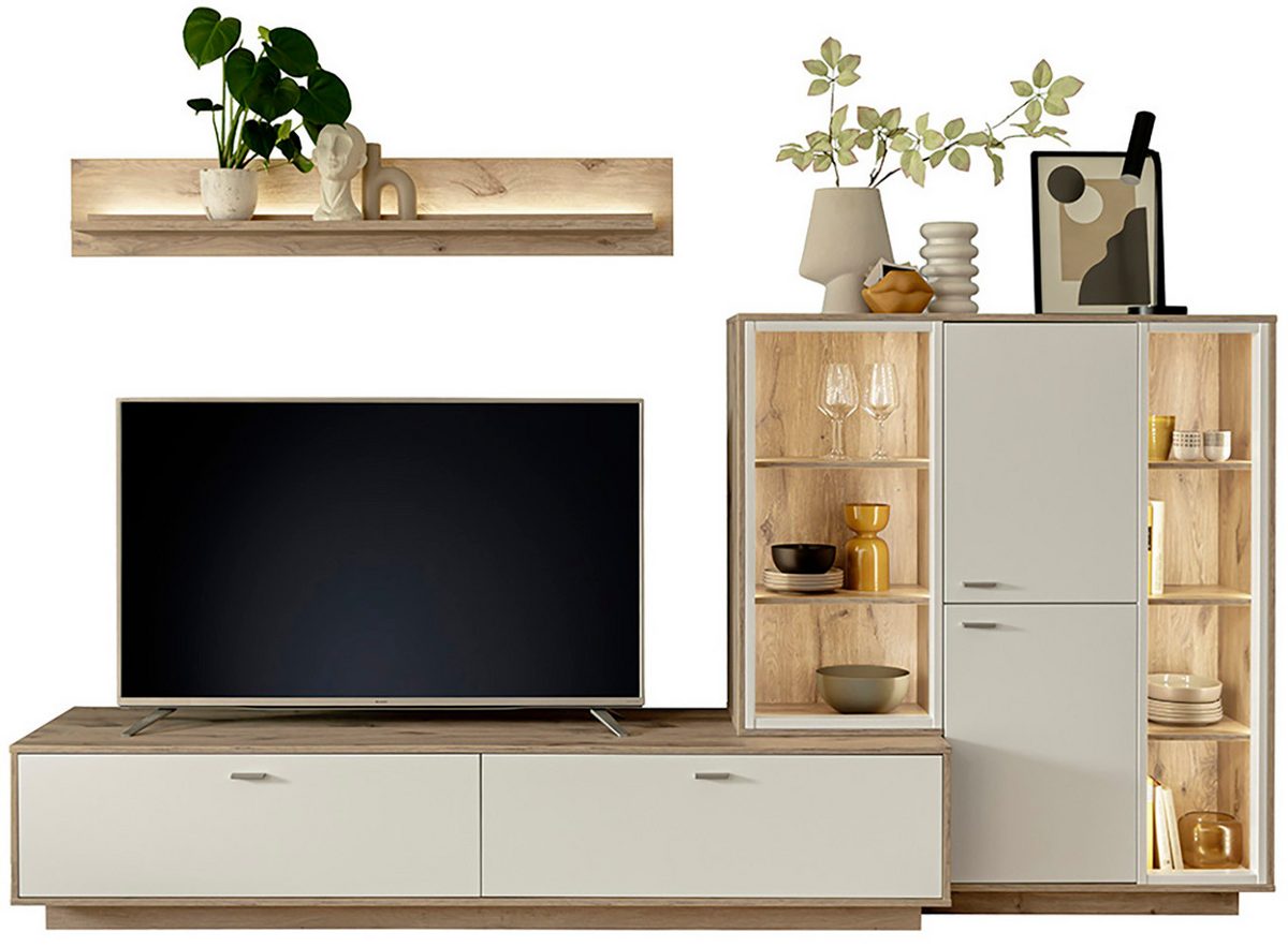 Santerno Highboard LED Weiss/Viking Oak 124x140 cm Prime Möbel