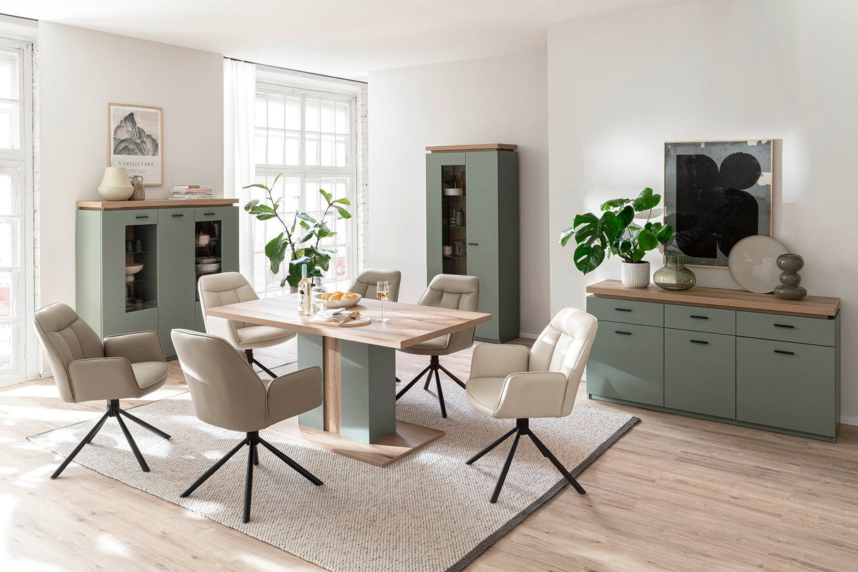 Moniz Vitrine mit LED Salbei Grün&Eiche 70x 197cm Prime Möbel