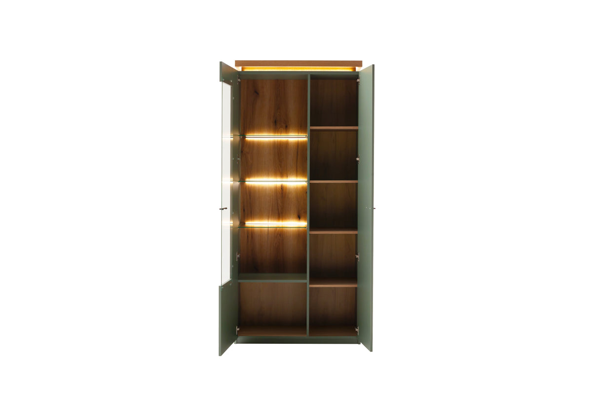 Moniz Vitrine mit LED Salbei Grün&Eiche 88x197cm Prime Möbel