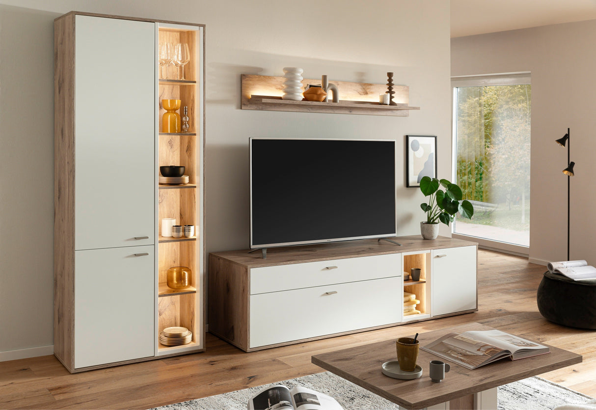 Santerno Kombi-Vitrine LED Weiss/Viking Oak 78x197cm Prime Möbel