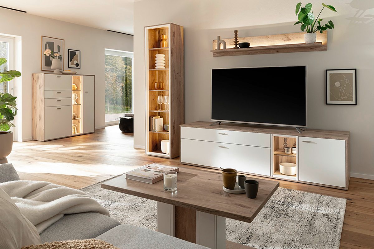 Santerno Kombi-Vitrine LED Weiss/Viking Oak 78x197cm Prime Möbel