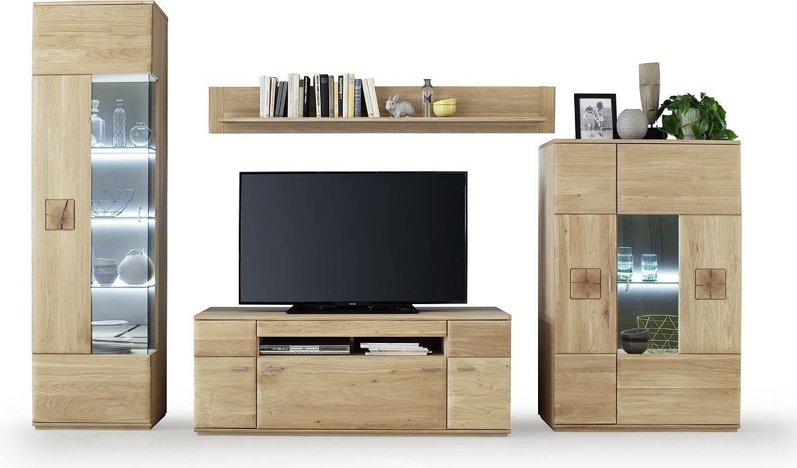 Bologna Wohnwand Set LED Eiche Bianco geölt 320x208x50cm Prime Möbel