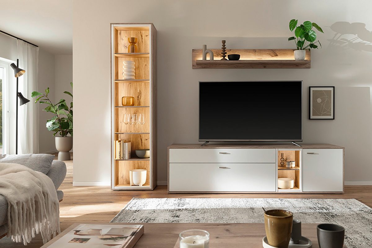 Santerno Vitrine LED Weiss/Viking Oak 50 cm x 197 cm Prime Möbel