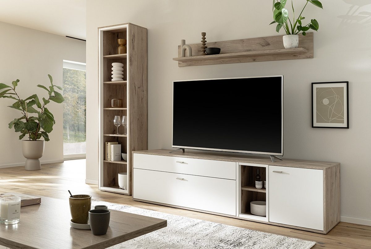 Santerno Vitrine LED Weiss/Viking Oak 50 cm x 197 cm Prime Möbel