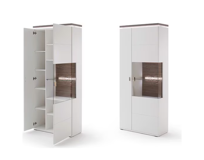 Vitrine Merbena Amberg Eiche/weiss matt 90x37x208 cm Prime Möbel