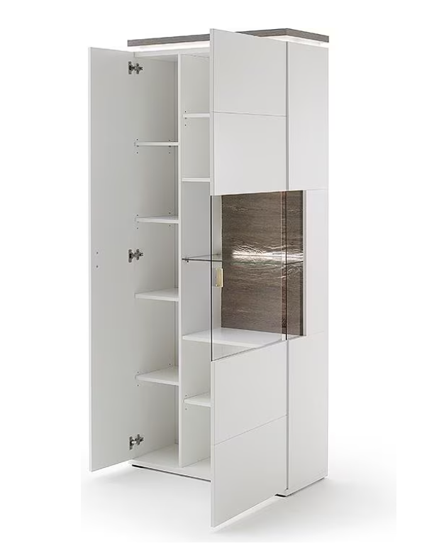 Vitrine Merbena Amberg Eiche/weiss matt 90x37x208 cm Prime Möbel