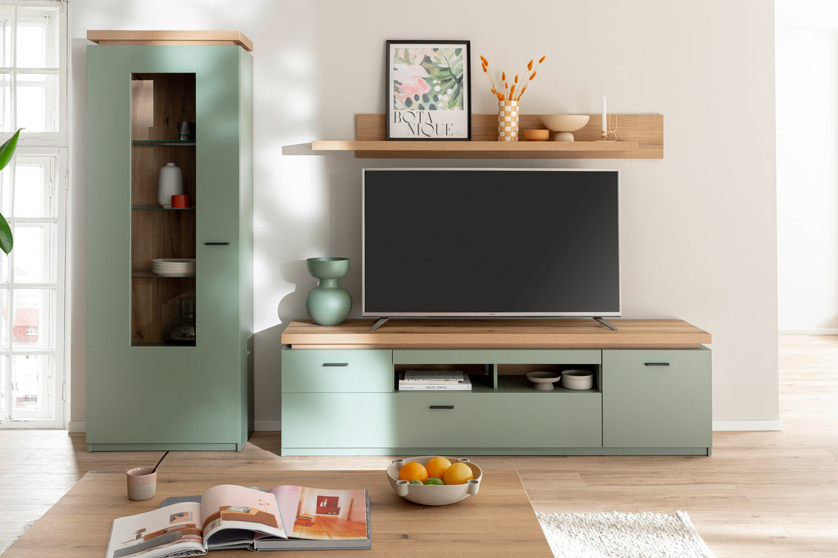 Moniz Wohnkombination 1 LED Salbei Grün&Eiche 280x198cm Prime Möbel