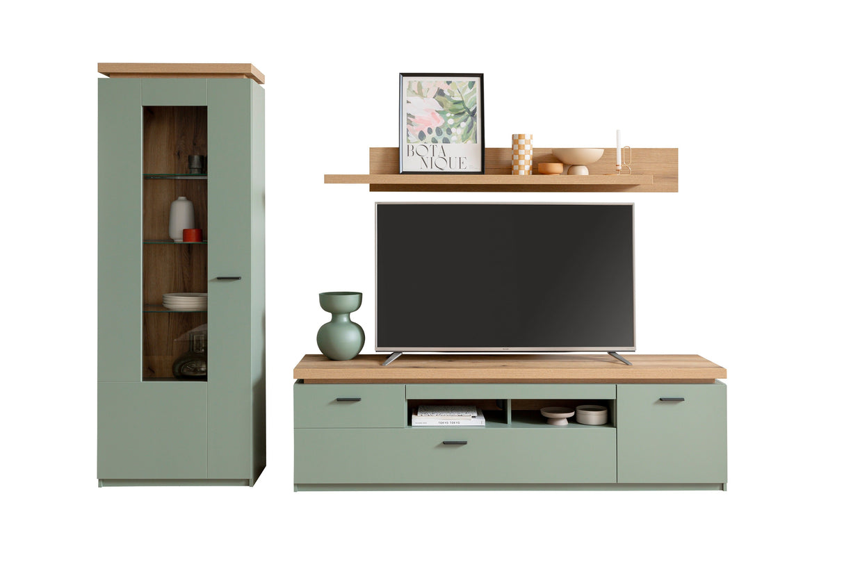 Moniz Wohnkombination 1 LED Salbei Grün&Eiche 280x198cm Prime Möbel