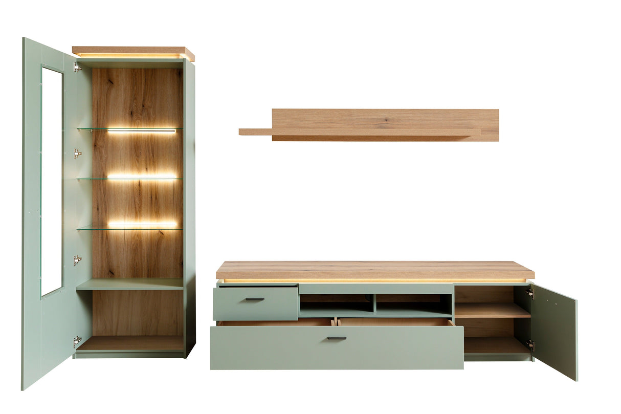Moniz Wohnkombination 1 LED Salbei Grün&Eiche 280x198cm Prime Möbel