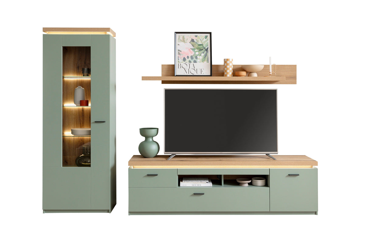 Moniz Wohnkombination 1 LED Salbei Grün&Eiche 280x198cm Prime Möbel