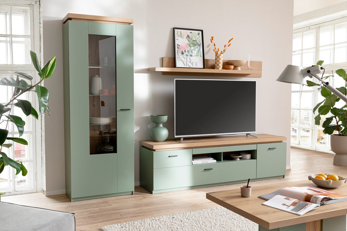 Moniz Wohnkombination 1 LED Salbei Grün&Eiche 280x198cm Prime Möbel