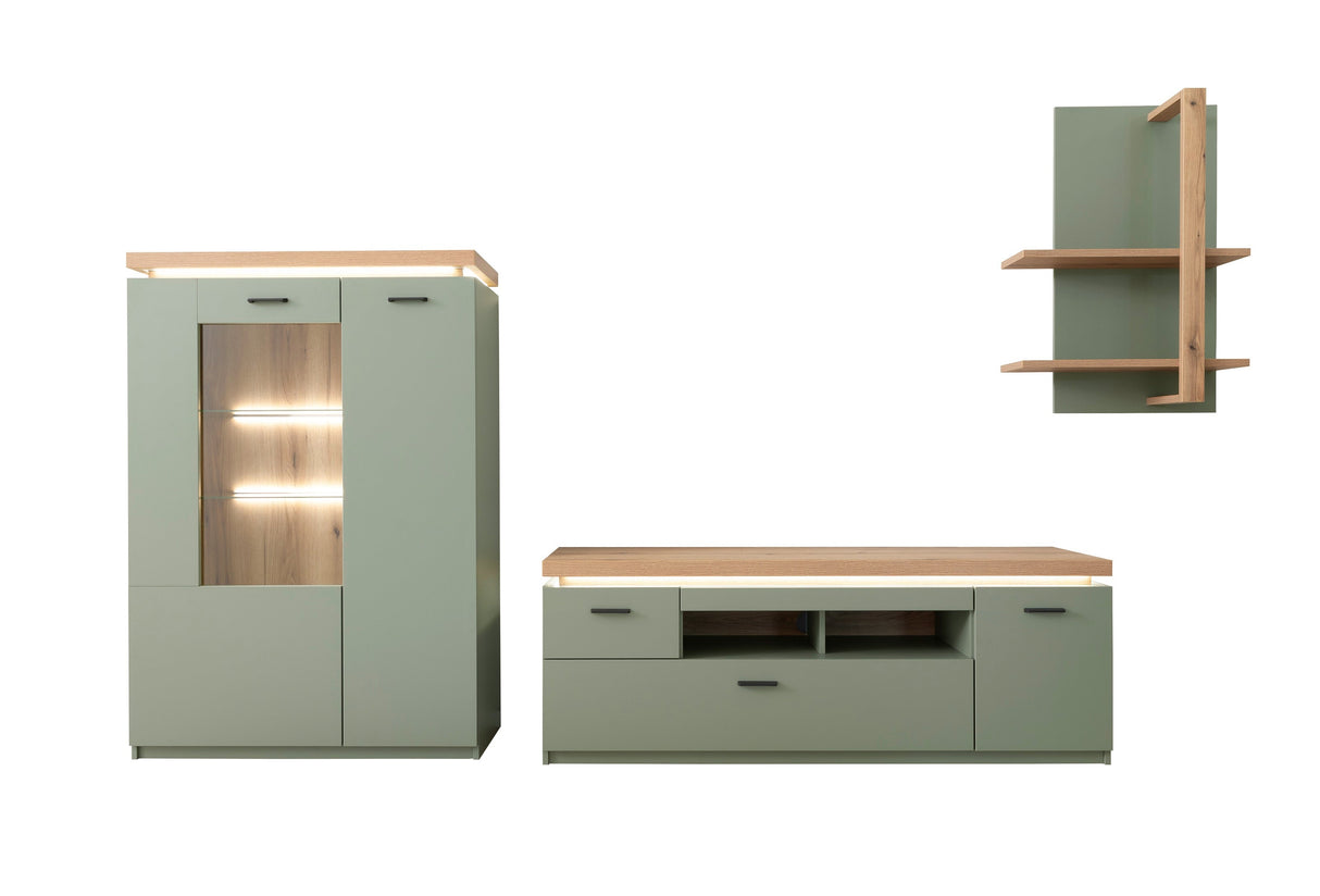 Moniz Wohnkombination 2 LED Salbei Grün&Eiche D/300cm Prime Möbel