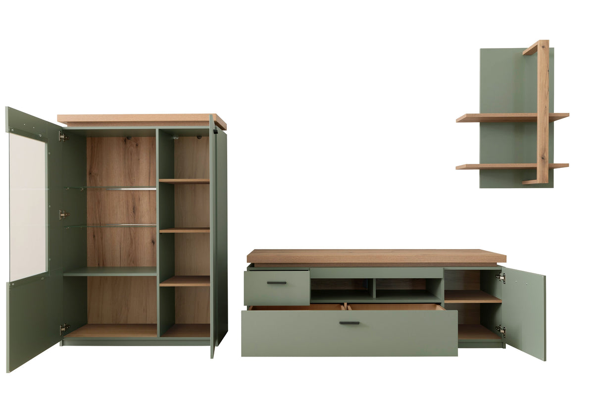 Moniz Wohnkombination 2 LED Salbei Grün&Eiche D/300cm Prime Möbel
