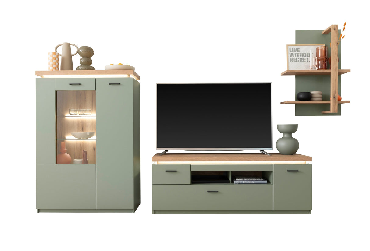 Moniz Wohnkombination 2 LED Salbei Grün&Eiche D/300cm Prime Möbel