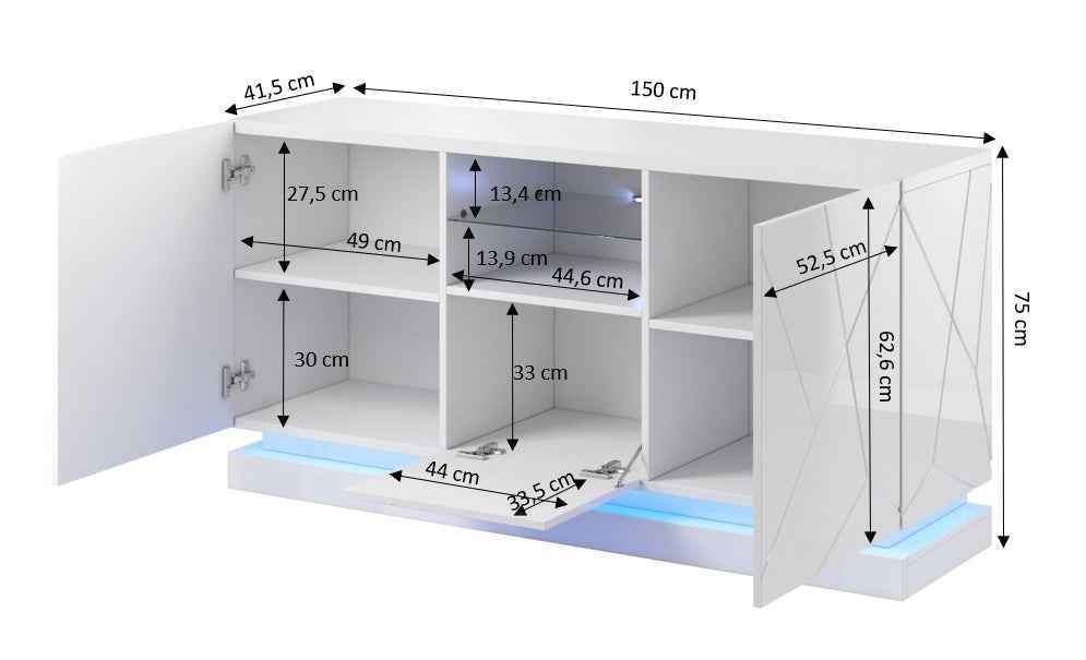 ARVENA+ Kommode Hochglanz weiss+LED Beleuchtung 150x75x42cm