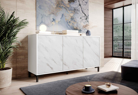 Carrara Sideboard, Marmor Design 200x80cm, Weiss matt