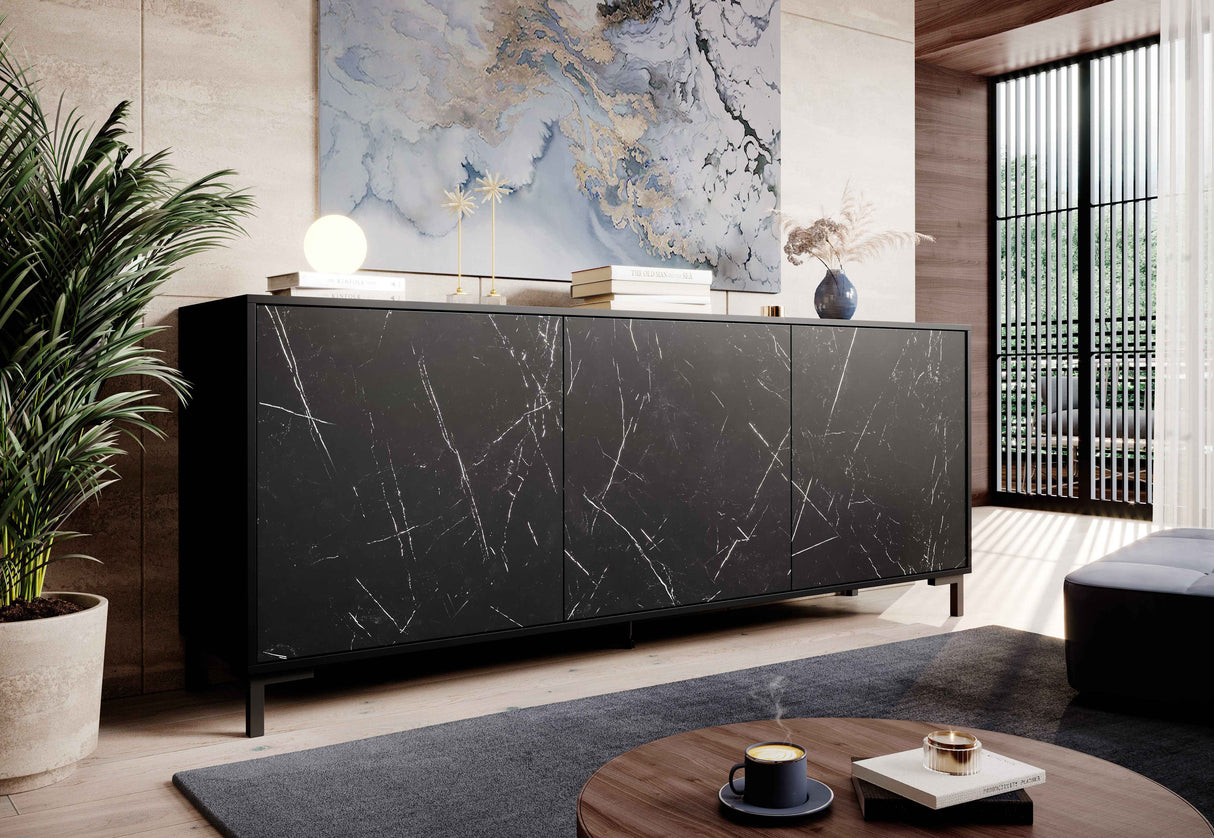 Carrara Sideboard, Marmor Design 200x80cm, schwarz matt