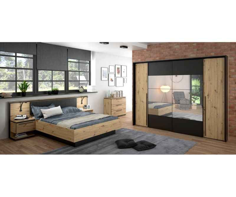 MAXIM Komplett Bett + 2 Nachttische, Eiche Holz/ Grau 273x210x95