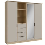 Sandora Kleiderschrank Beige 3-Tür mit Schubladen &Spiegel,207×213 cm