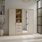 Sandora Kleiderschrank Beige 3-Tür mit Schubladen &Spiegel,207×213 cm